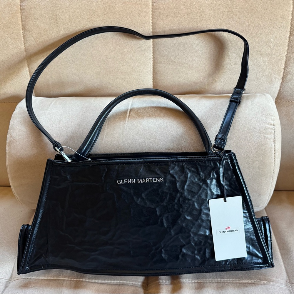 H&M X Glenn Martens Faux Leather Shoulder Bag Black Crumpled Crossbody